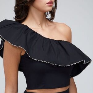 WILDFOX DAVENAY ONE SHOULDER CROPPED FLOUNCE TOP WITH CRYSTALS BLACK XL NWOT